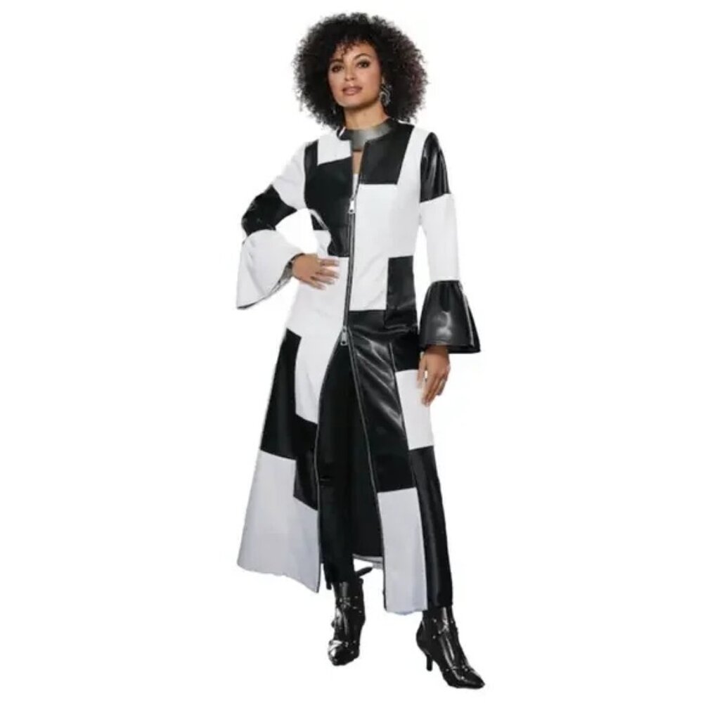 Monochrome Power: Faux Leather Colorblock Zip-Up Maxi Dress –